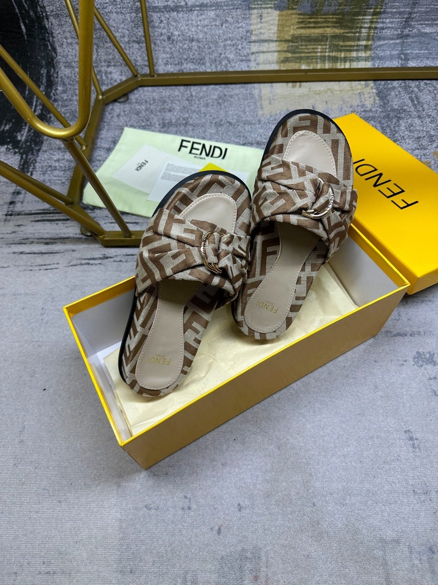 Luxury FendiFF Feel 10 Brown Beige FF jacquard Slide