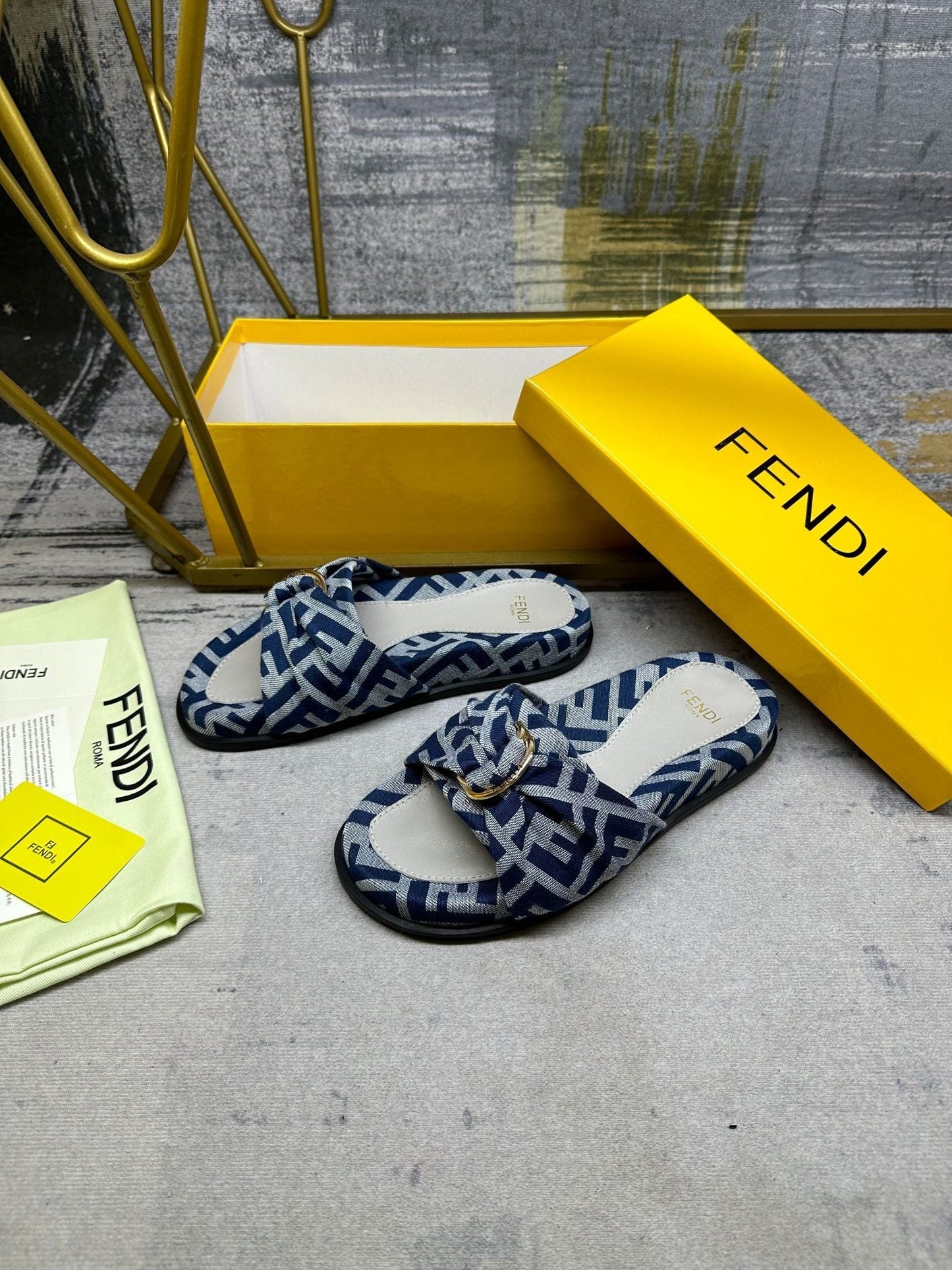 Luxury FendiFF Feel 10 Blue Grey FF jacquard Slide