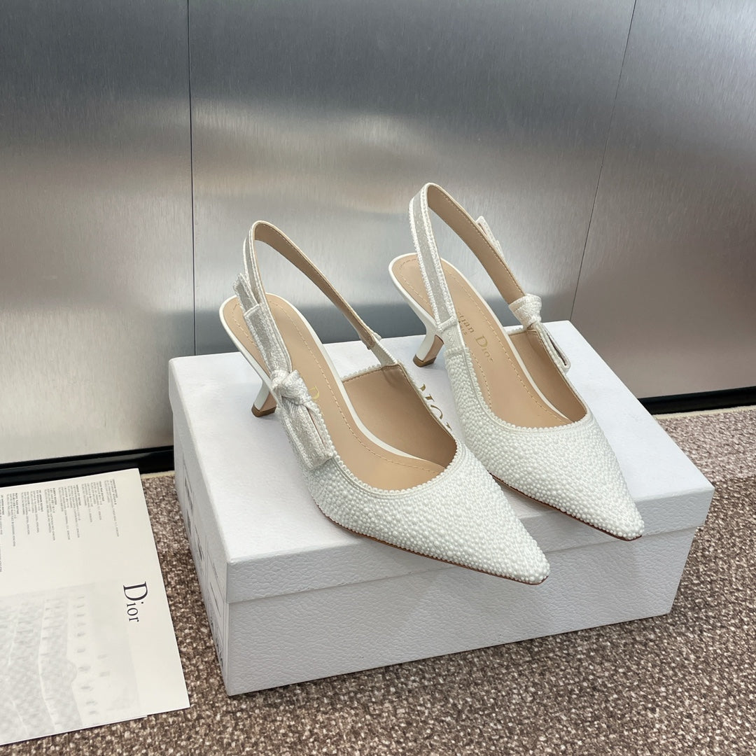 Luxury Diorslingback pump 65 embroidered cotton white calfskin resin pearl