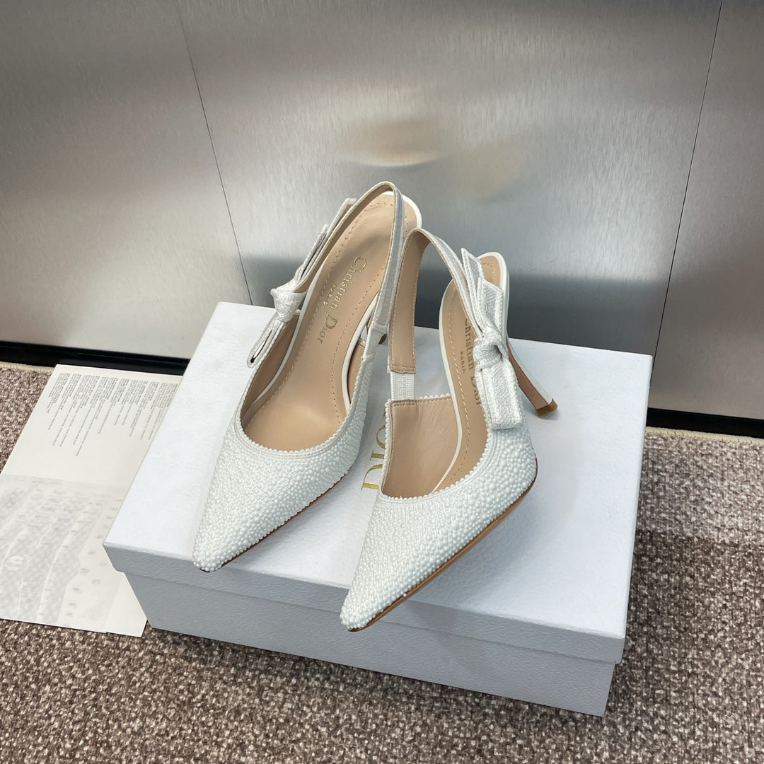 Luxury Diorslingback pump 95 embroidered cotton white calfskin resin pearl