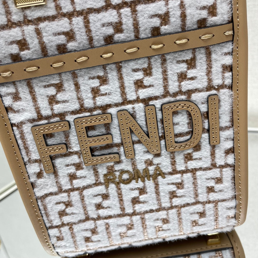 Luxury FendiMINI SUNSHINE 18 IN WHITE WOOL AND CAMEL BROWN RAFFIA CALFSKIN TRIM