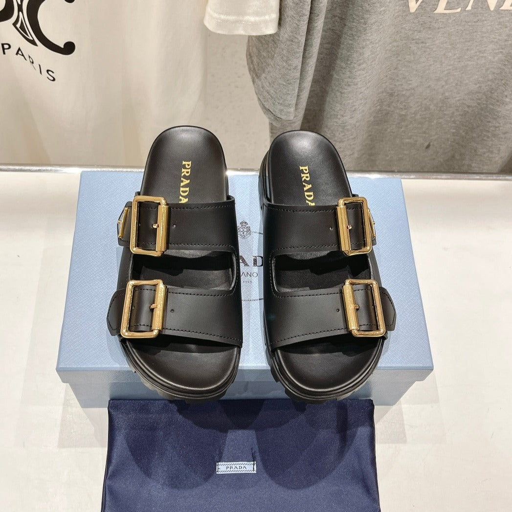 Luxury PradaSTRAP SLIDES SANDALS BLACK CALFSKIN