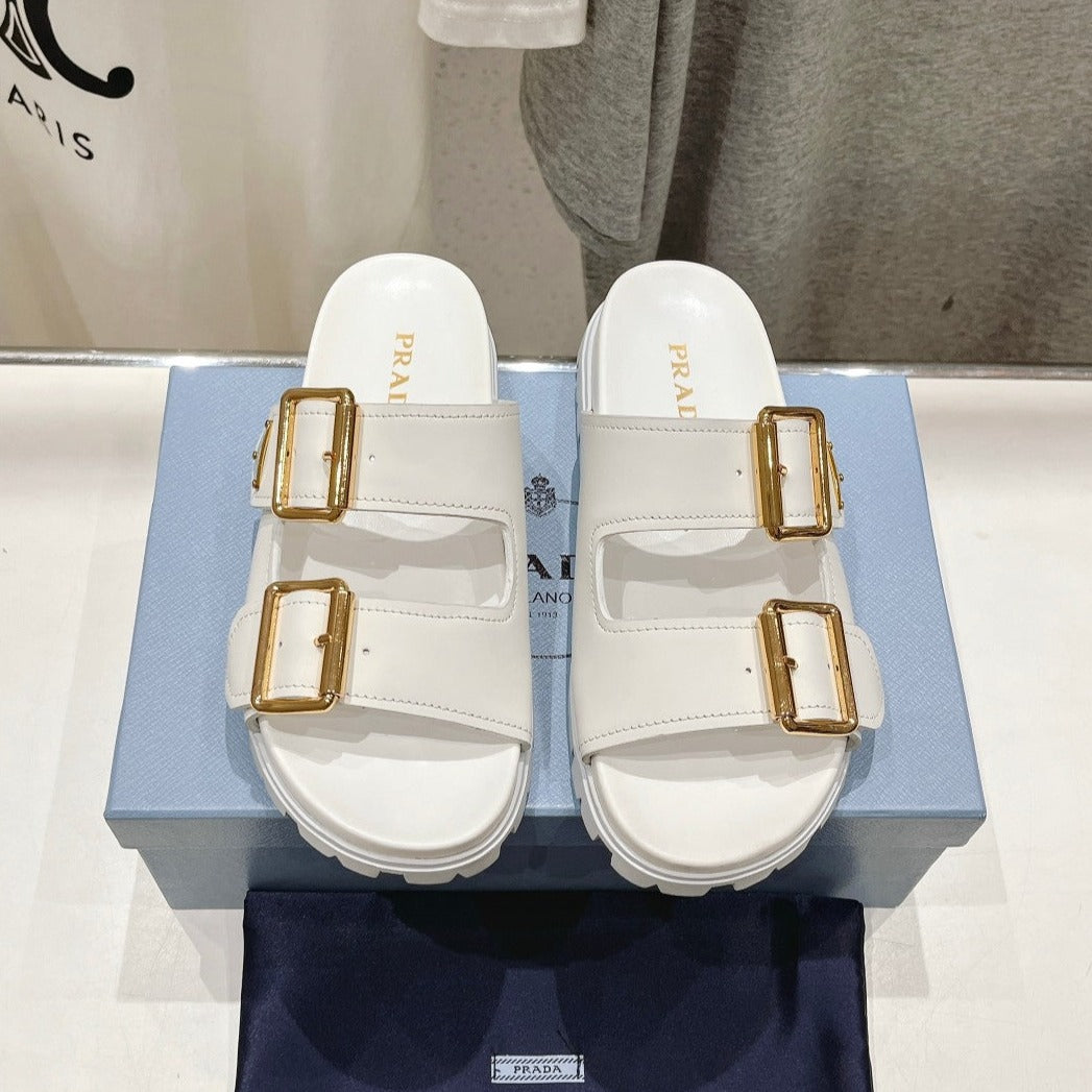 Luxury PradaSTRAP SLIDES SANDALS WHITE CALFSKIN