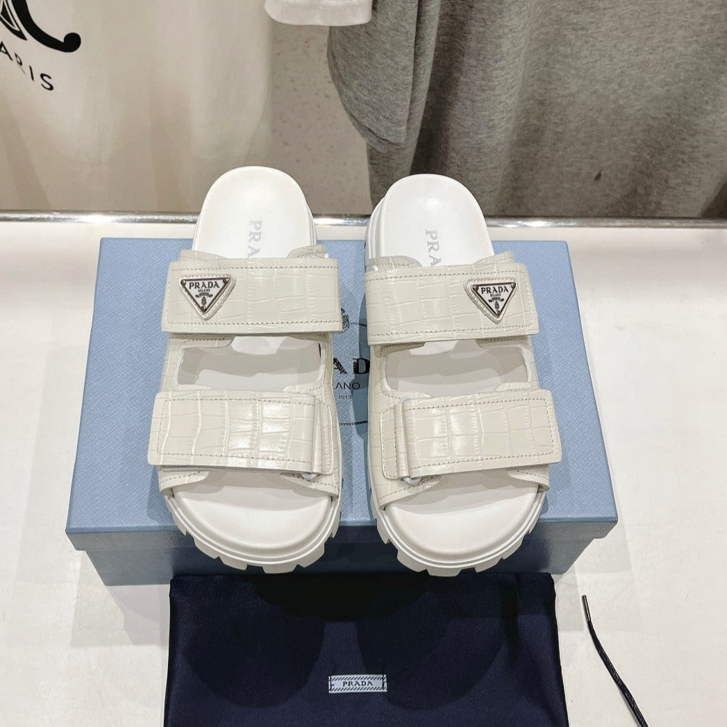 Luxury PradaCROCODILE LEATHER MOTIF SANDALS WHITE CALFSKIN