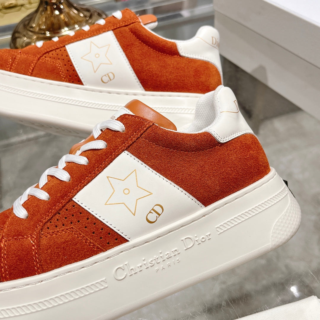 Luxury Diorstar sneaker white calfskin orange suede