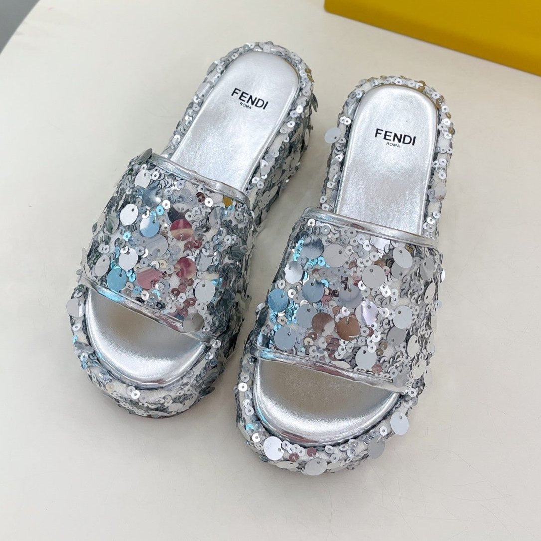 Luxury FendiLuxury FendiTHICK SOLE 6 CM SEQUIN SLIPPER SILVER