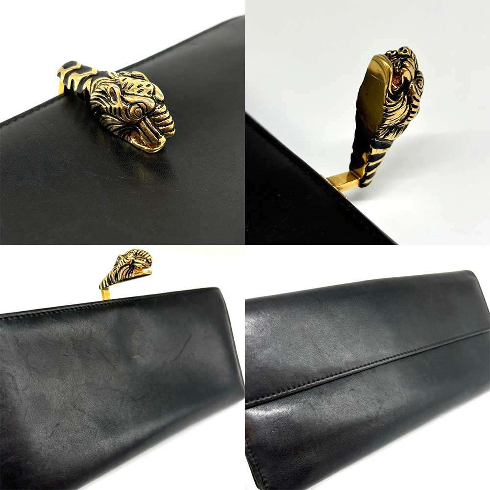 Luxury Gucci Trending 2025 Leather Tiger Head Clip Long Wallet Black Gold Hardware