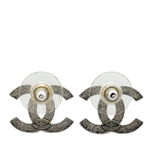 Chanel Coco Mark Metal Earrings Silver Black