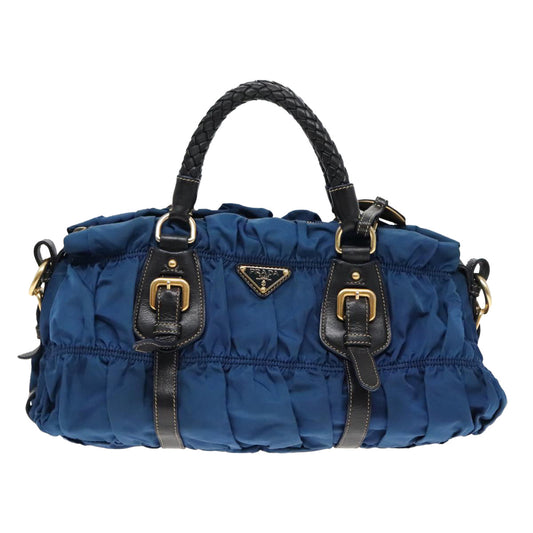 Luxury Prada Gathered Hand Bag Nylon Leather 2way Blue Gold ki5003