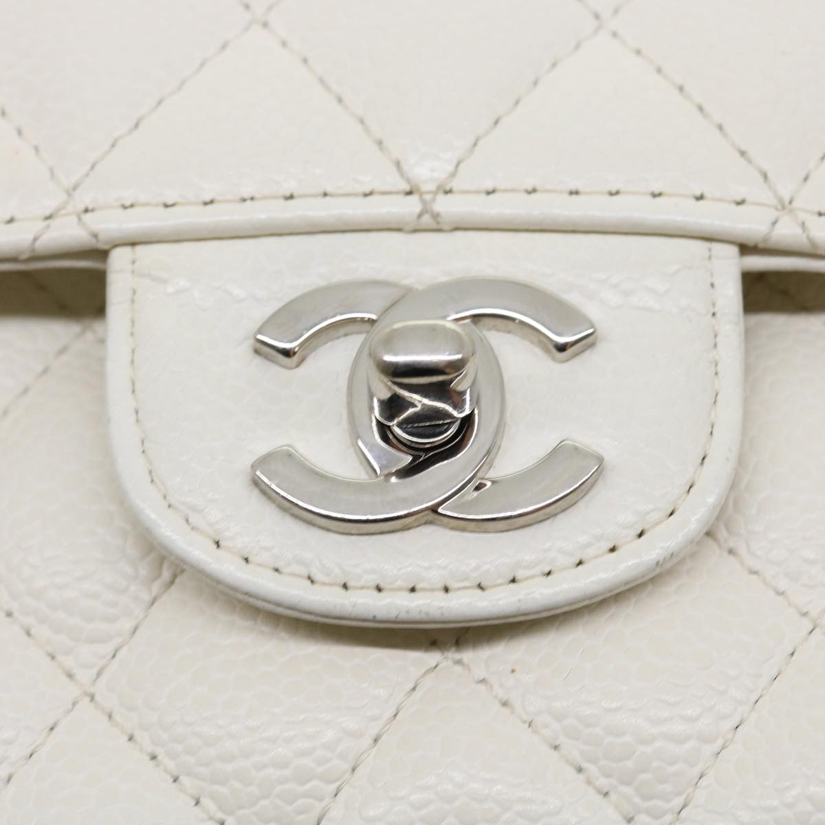 CHANEL Matelasse Double Flap Chain Shoulder Bag Caviar Skin White CC knn085