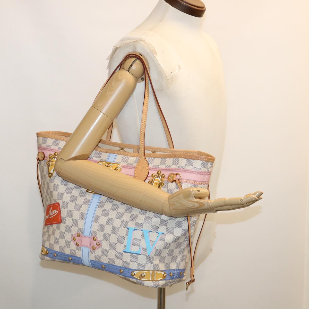 LOUIS VUITTON Damier Azur Summer Trunk Neverfull MM Hand Bag N41065 67494S