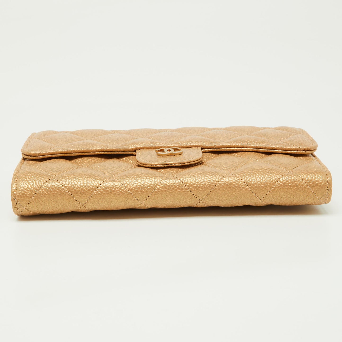 CHANEL Gold Quilted Caviar Leather Trifold Wallet