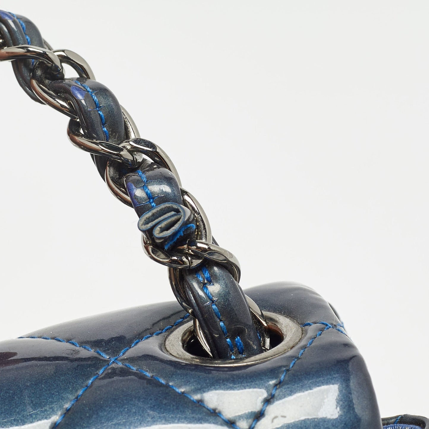 CHANEL Blue Quilted Patent Leather Mini Classic Flap Bag