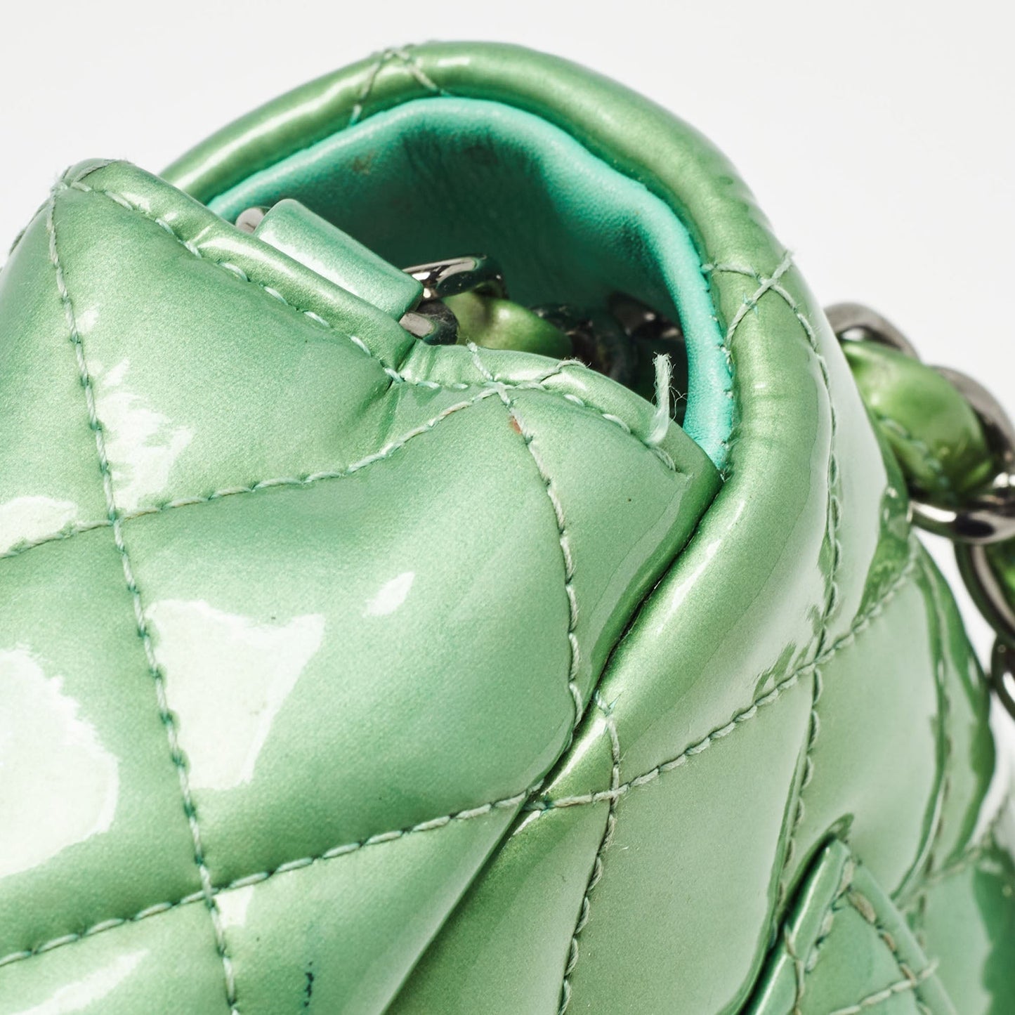 CHANEL Green Quilted Patent Leather New Mini Classic Flap Bag