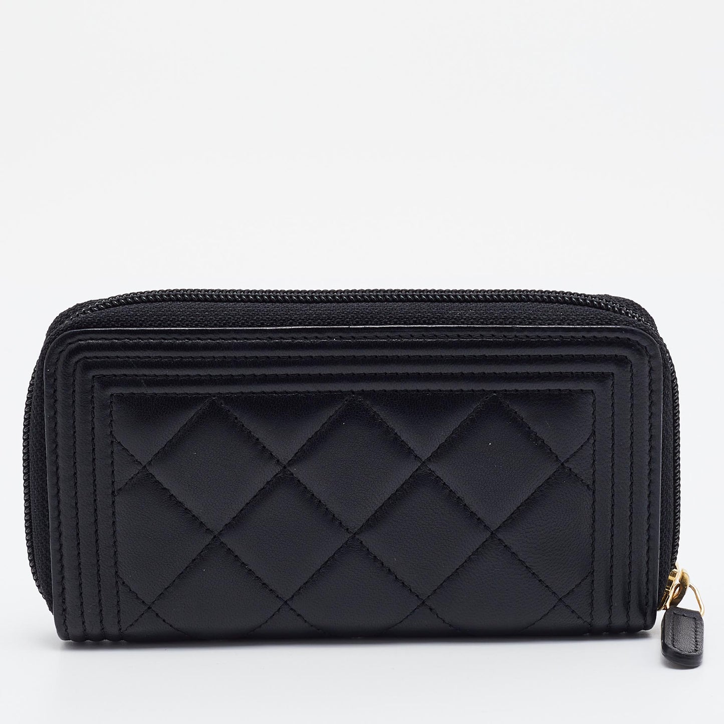 Luxury Chanel Black Quilted Leather Boy Zip Around Wallet