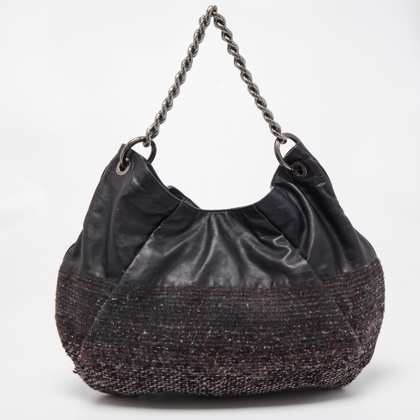Luxury Chanel Black Tweed and Leather Coco Pleats Hobo