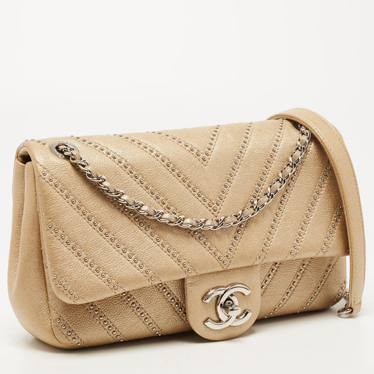 Luxury Chanel Metallic Beige Studded Chevron Leather Stud Wars CC Flap Crossbody Bag