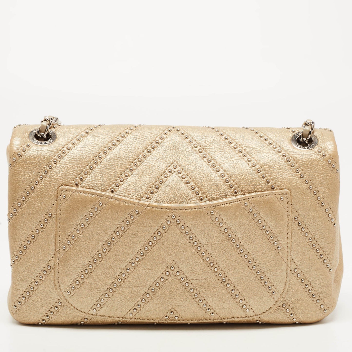 Luxury Chanel Metallic Beige Studded Chevron Leather Stud Wars CC Flap Crossbody Bag
