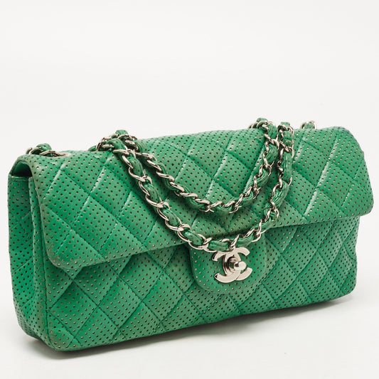 CHANEL Green Quilted Perforated Leather East/West Classic Flap Bag