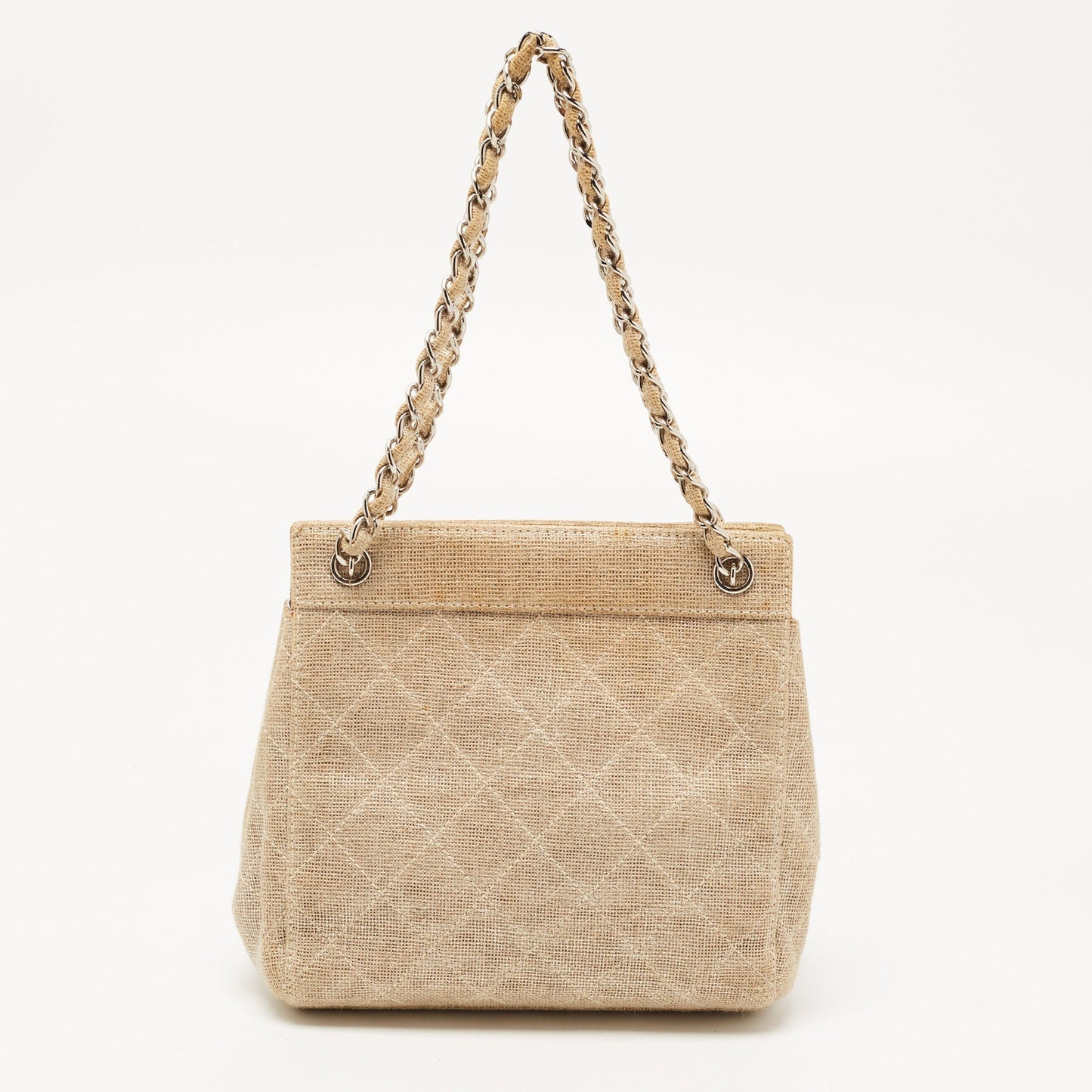Luxury Chanel Metallic Beige Quilted Canvas Mini Classic Chain Tote