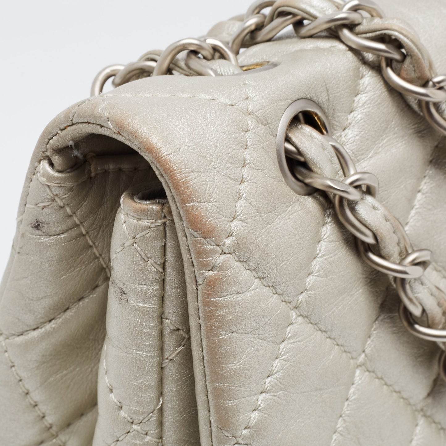 CHANEL Metallic Grey Quilted Leather Maxi Classic Single Flap Bag