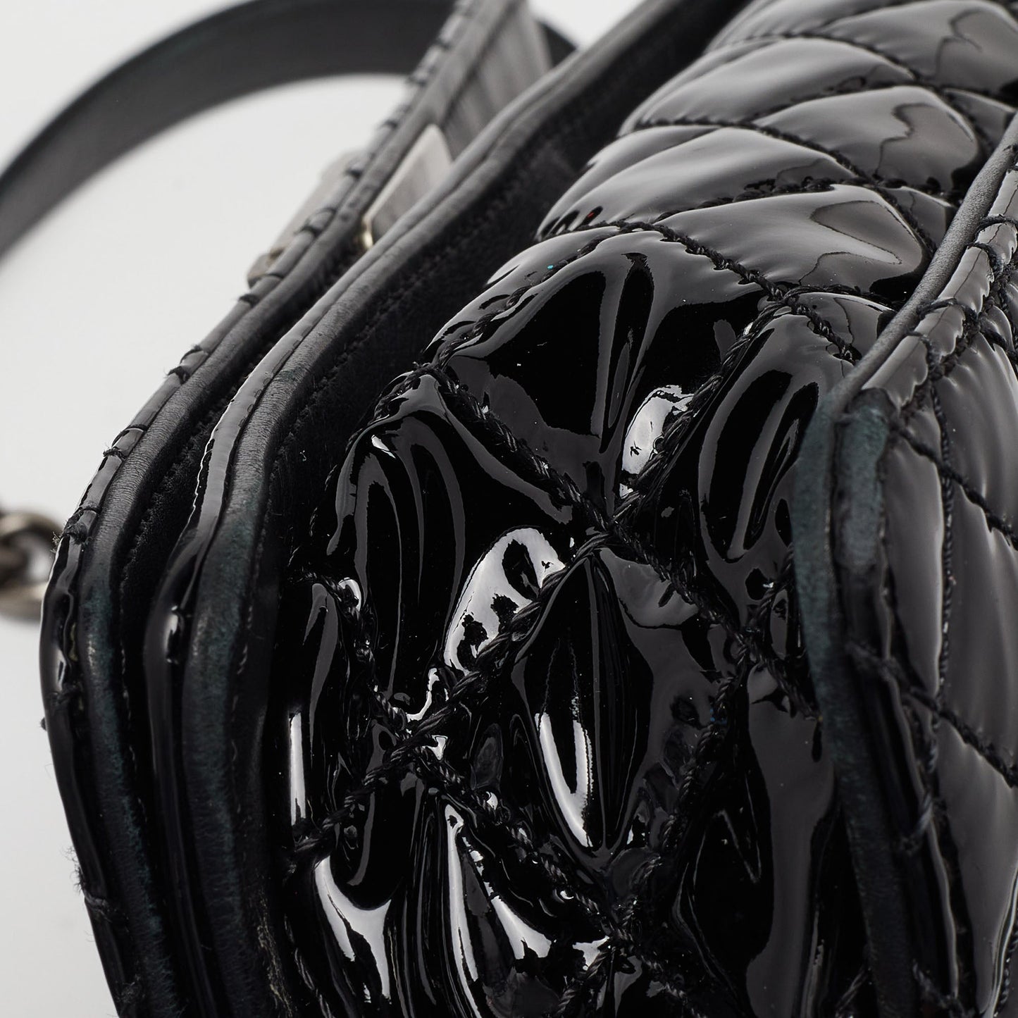 CHANEL Black Patent Leather New Medium Reverso Boy Flap Bag