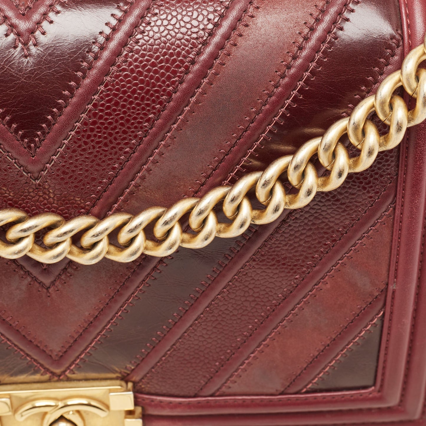 CHANEL Burgundy Chevron Caviar Leather and Leather New Medium Boy Bag
