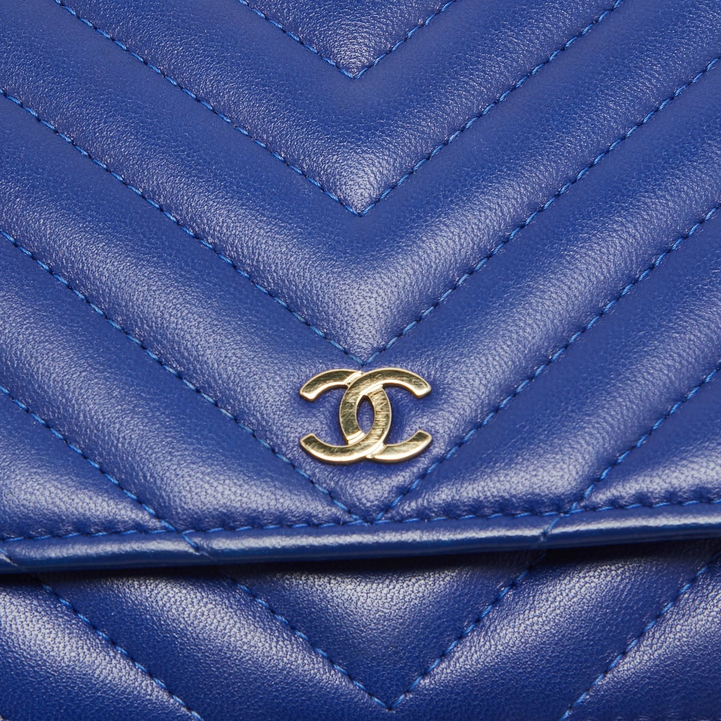 CHANEL Blue Chevron Leather Classic Wallet on Chain