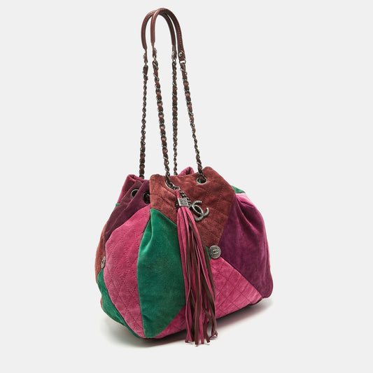 CHANEL Multicolor Quilted Suede Patchwork Drawstring Bucket Bag