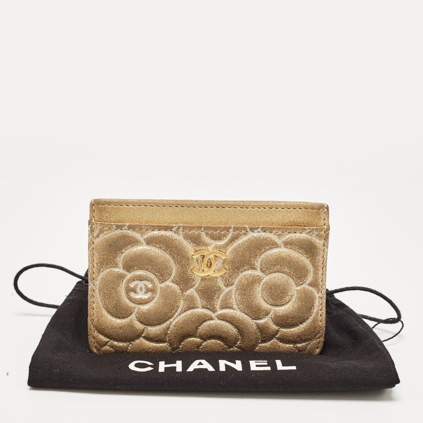 CHANEL Gold Suede Camellia Embossed Classic Card Holder