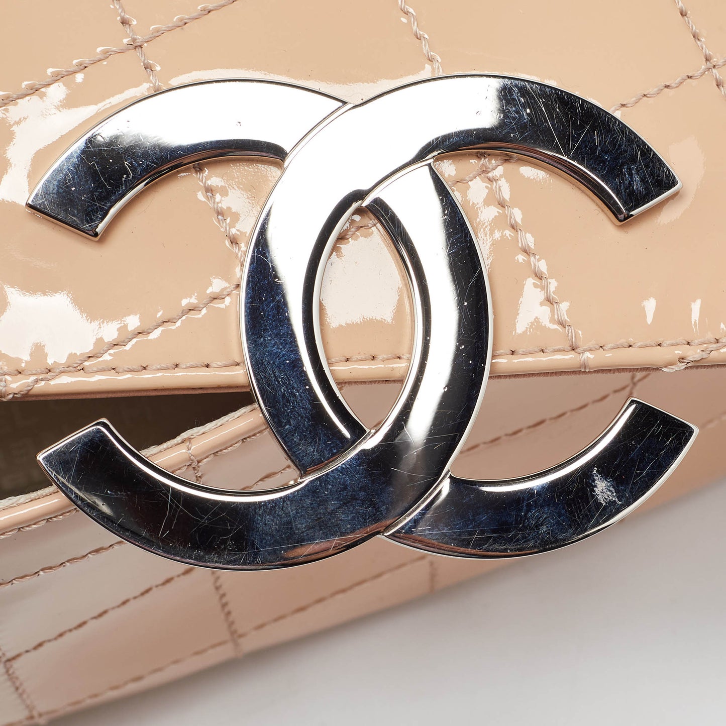 CHANEL Peach Square Quilt Patent Leather Diagonal CC Flap Bag