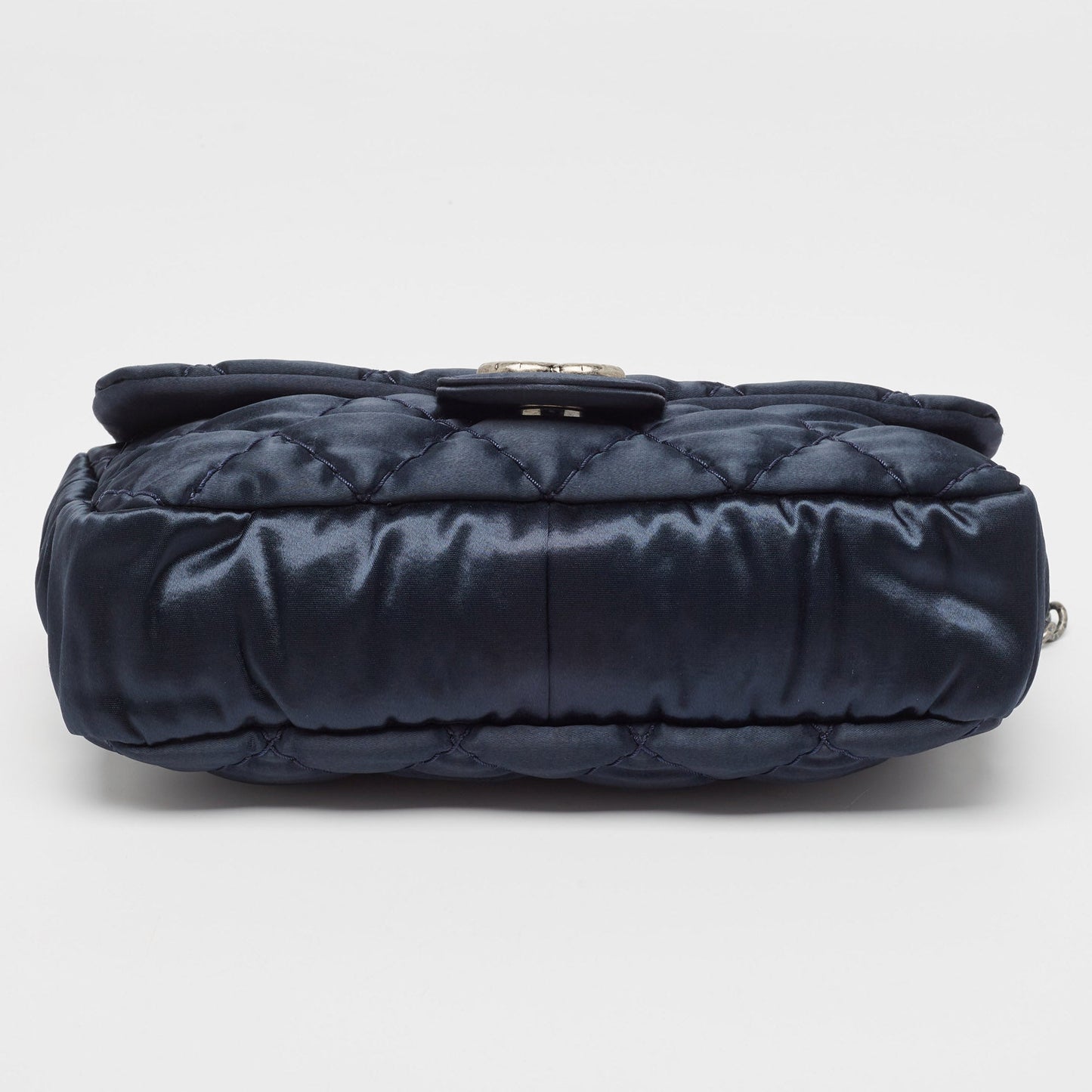 CHANEL Navy Blue Quilted Satin Medium Classic Single Flap Bag