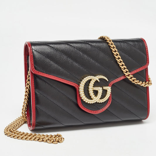 Luxury Gucci Trending 2025 Black/Red Diagonal Quilt Leather GG Marmont Torchon Wallet on Chain