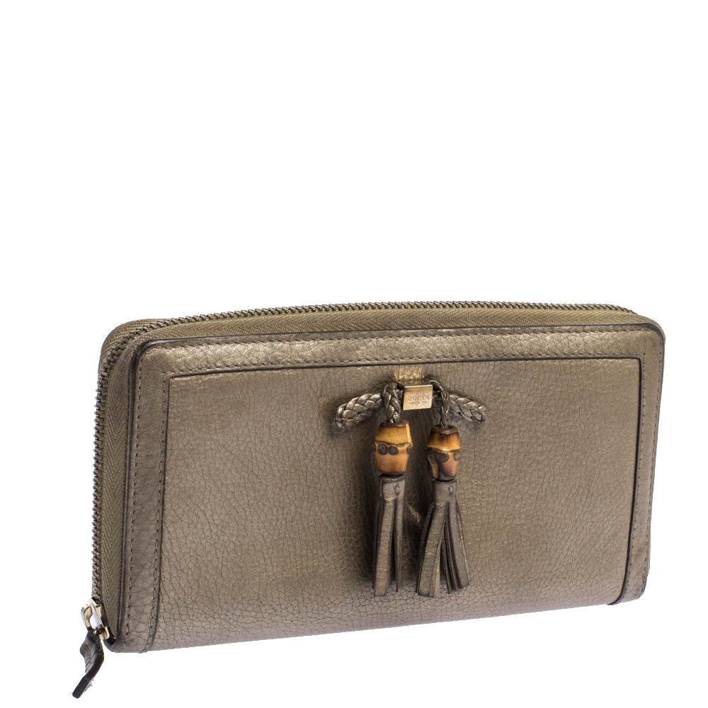 Luxury Gucci Gold Leather Bamboo Tassel Bow Zip Around Wallet