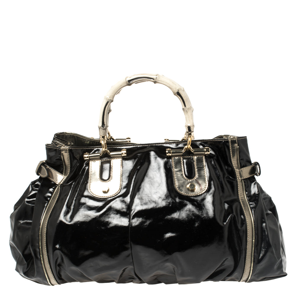 Luxury Gucci Black Coated Canvas and Leather Dialux Pop Bamboo Satchel