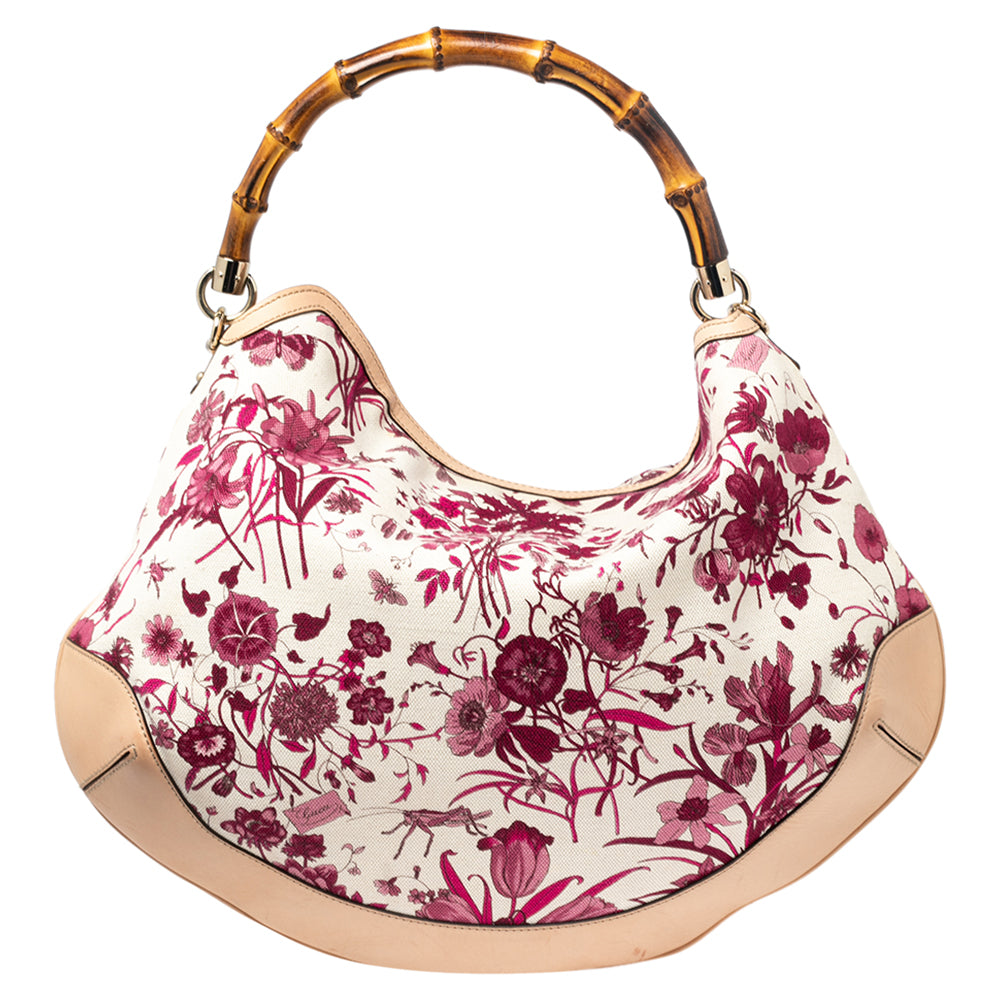 Luxury Gucci White/Pink Floral Canvas and Leather Peggy Bamboo Handle Hobo