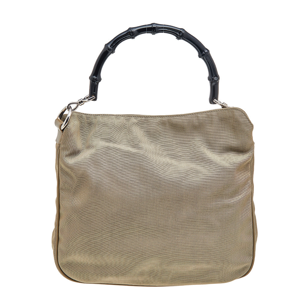 Luxury Gucci Khaki Nylon and Leather Bamboo Handle Hobo