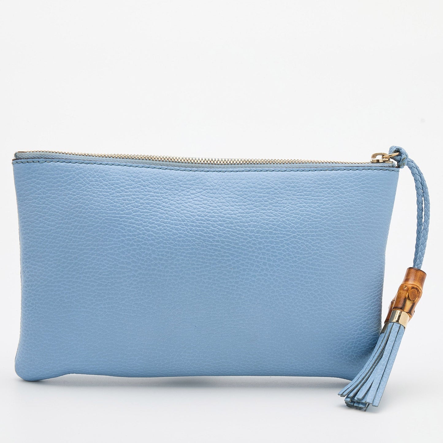 Luxury Gucci Light Blue Leather Bamboo Tassel Clutch