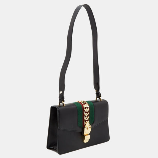 Luxury Gucci Trending 2025 Black Leather Sylvie Shoulder Bag