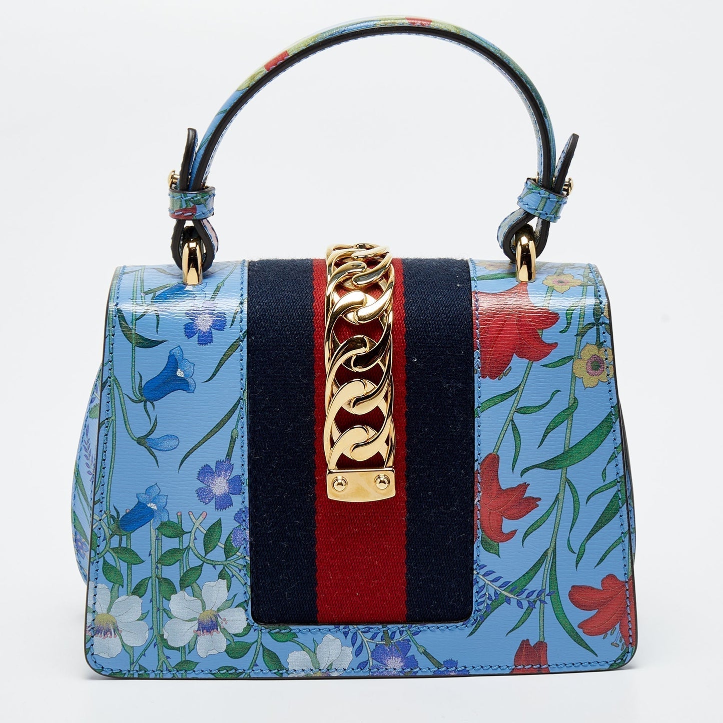 Luxury Gucci Trending 2025 Blue Floral Print Leather Mini Web Sylvie Top Handle Bag