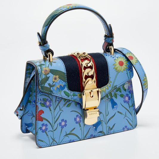 Luxury Gucci Trending 2025 Blue Floral Print Leather Mini Web Sylvie Top Handle Bag