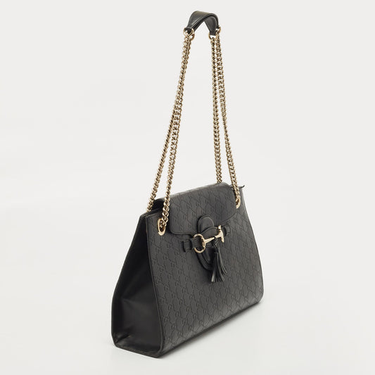 Luxury Gucci Trending 2025 Black ssima Leather Large Emily Chain Shoulder Bag