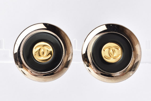 Chanel Vintage Earrings Coco Mark Circle Gold/Black/Silver