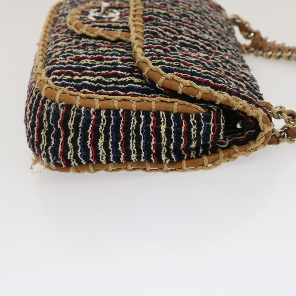 Luxury Chanel Matelasse Tweed Turn Lock Chain Shoulder Bag Navy Brown CC nh616A