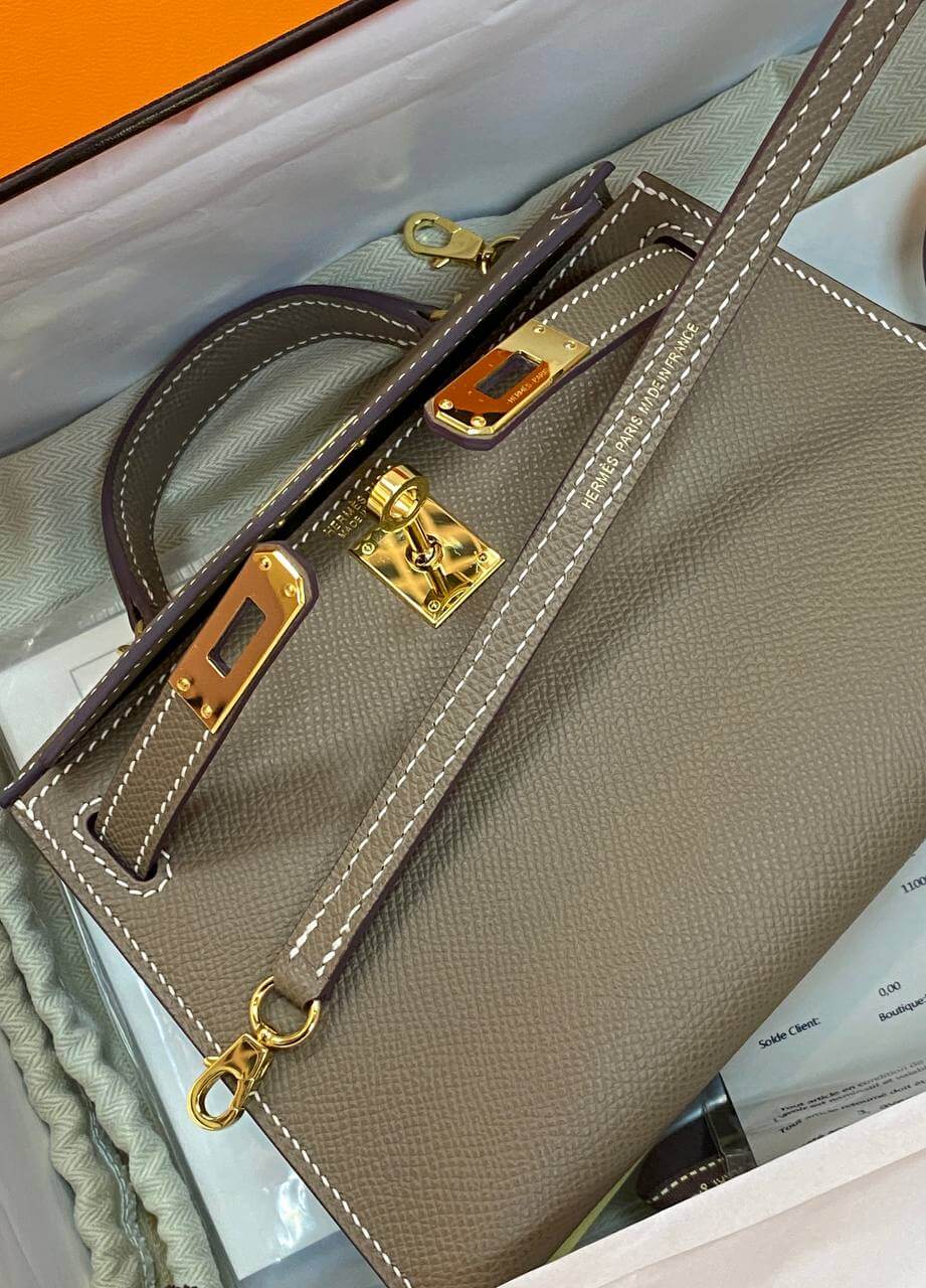 Luxury Hermes Kelly 20 Mini Sellier Bag Gray Epsom Gold Hardware
