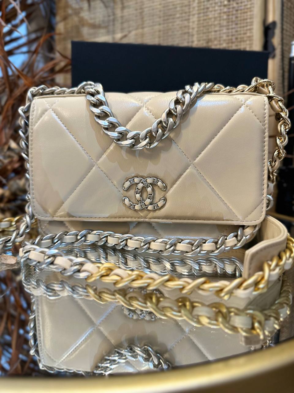 Goatskin Quilted Luxury Chanel 19 Wallet On Chain WOC (Beige)