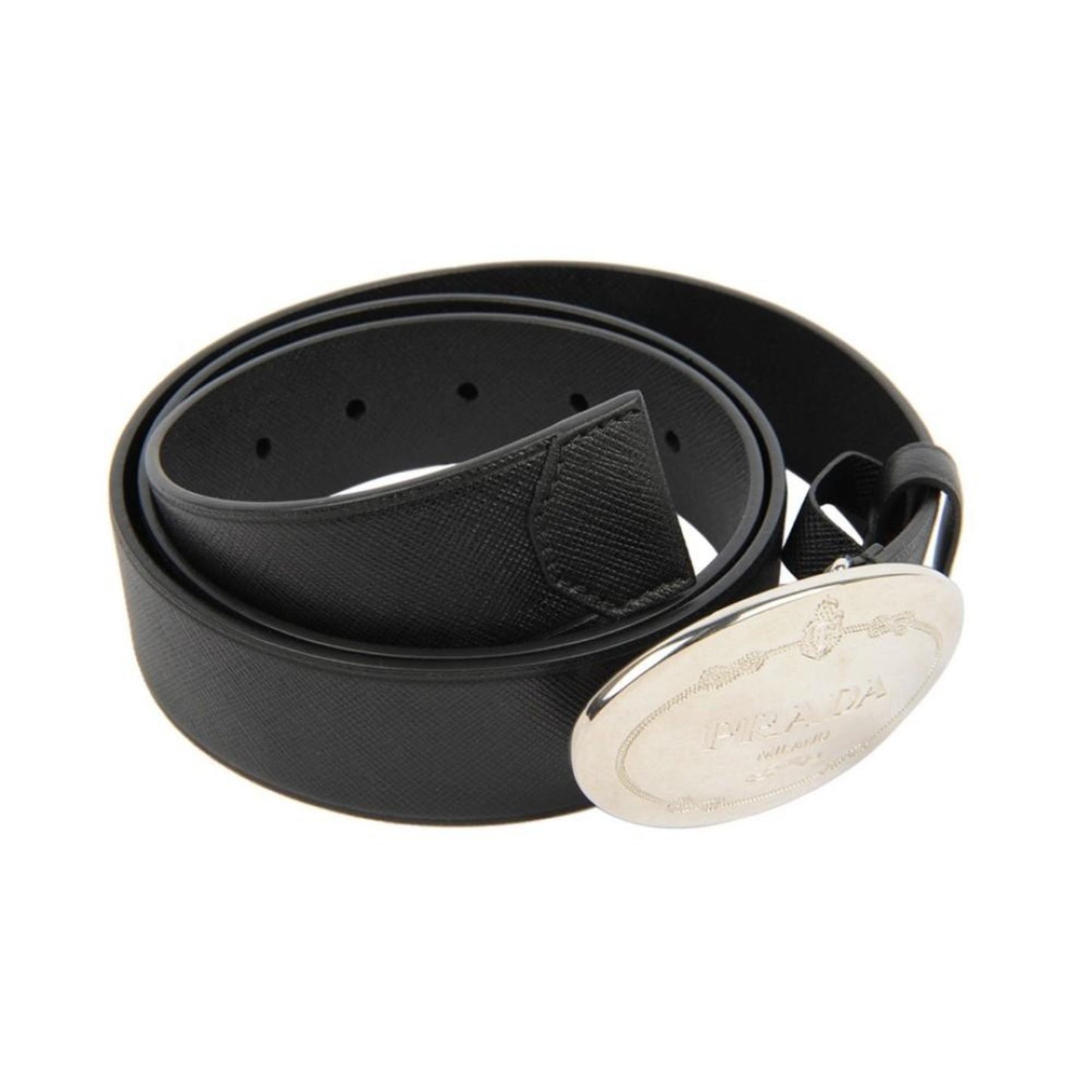 Luxury PradaBlack Saffiano Leather Engraved Oval Plaque Buckle Belt 110/44