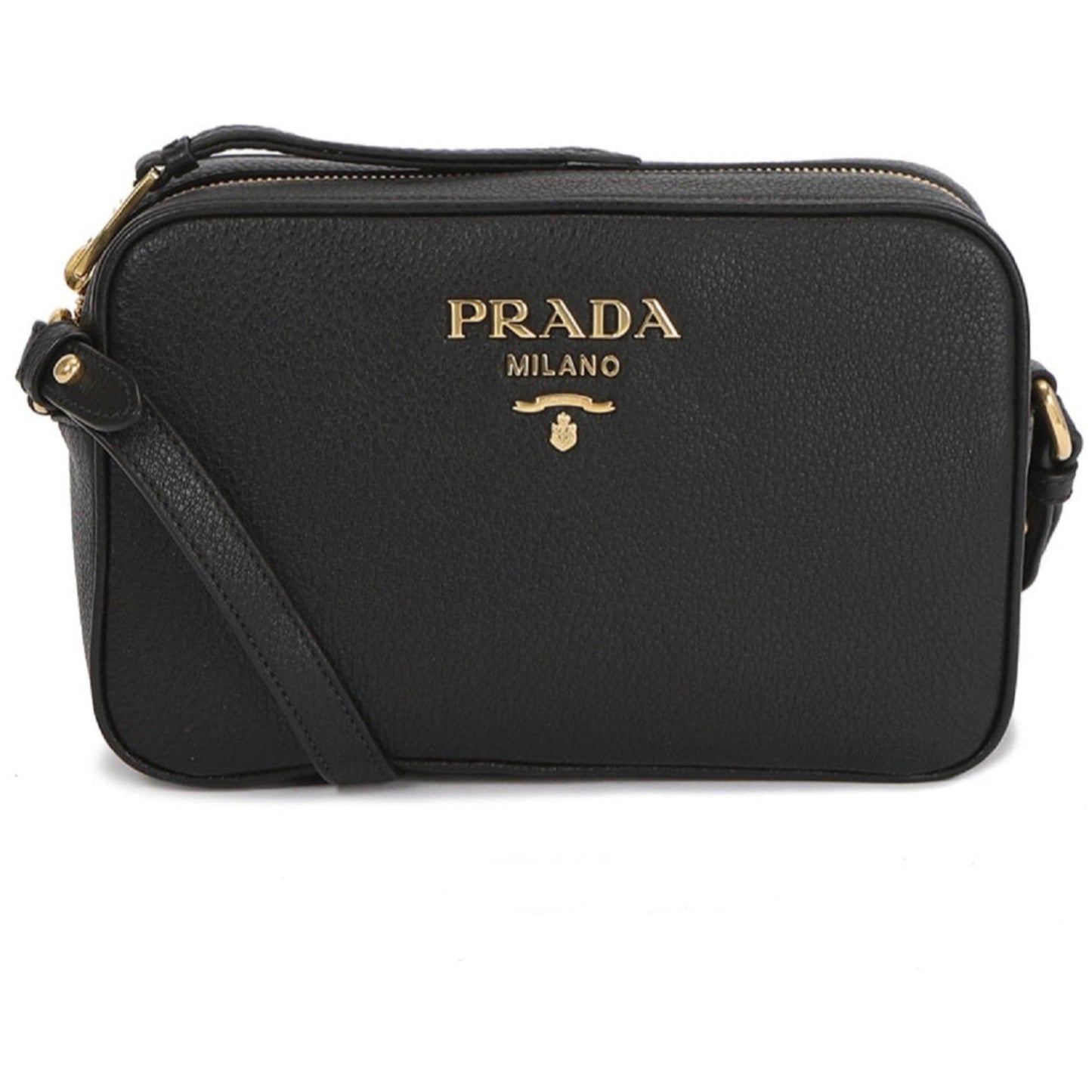 Luxury PradaVitello Phenix Black Leather Gold Logo Camera Crossbody Bag