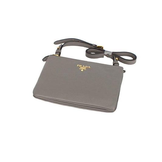 Luxury PradaVitello Phenix Argilla Gray Leather Logo Plaque Crossbody Bag