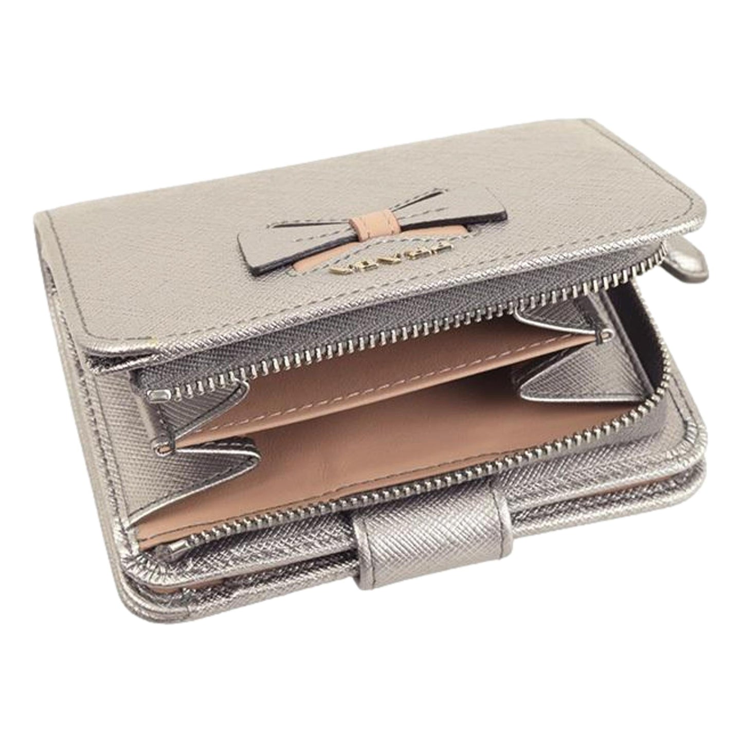 Luxury PradaRibbon Saffiano Metallic Silver and Beige Leather Bifold Wallet